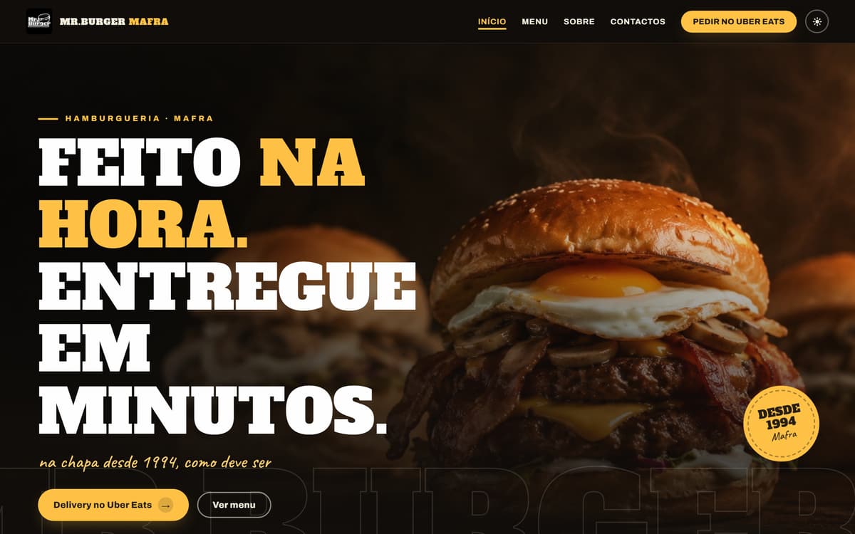 Página inicial do site do Mr. Burger, hamburgueria em Mafra