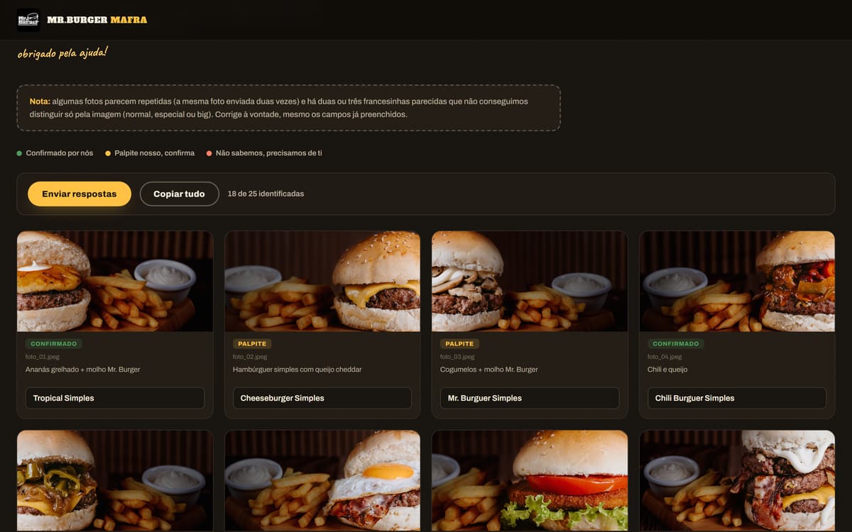 Ferramenta de identificação das fotos do menu do Mr. Burger