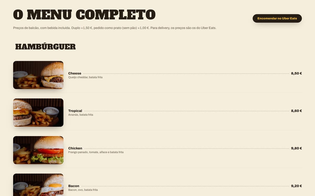 Página de menu do Mr. Burger com preços e ingredientes reais de cada hambúrguer